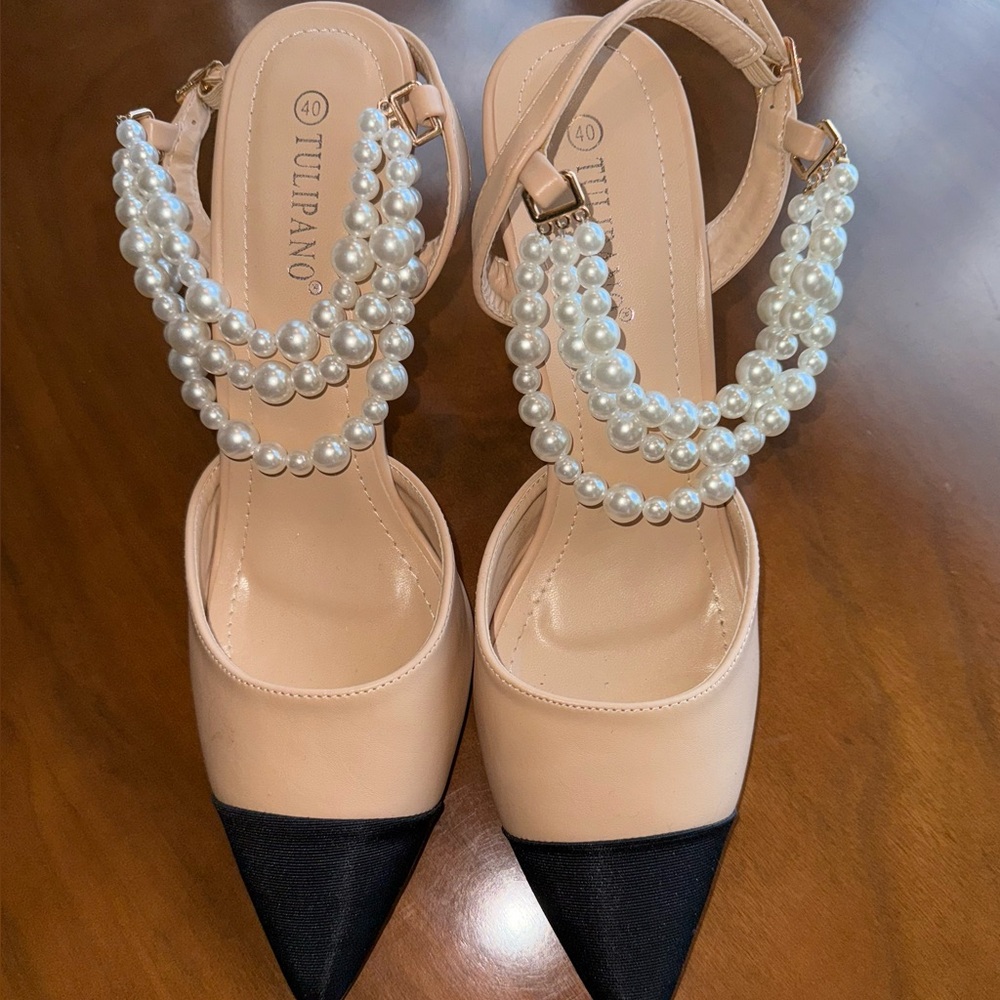 Pearl Embellished Nude and Black Heels